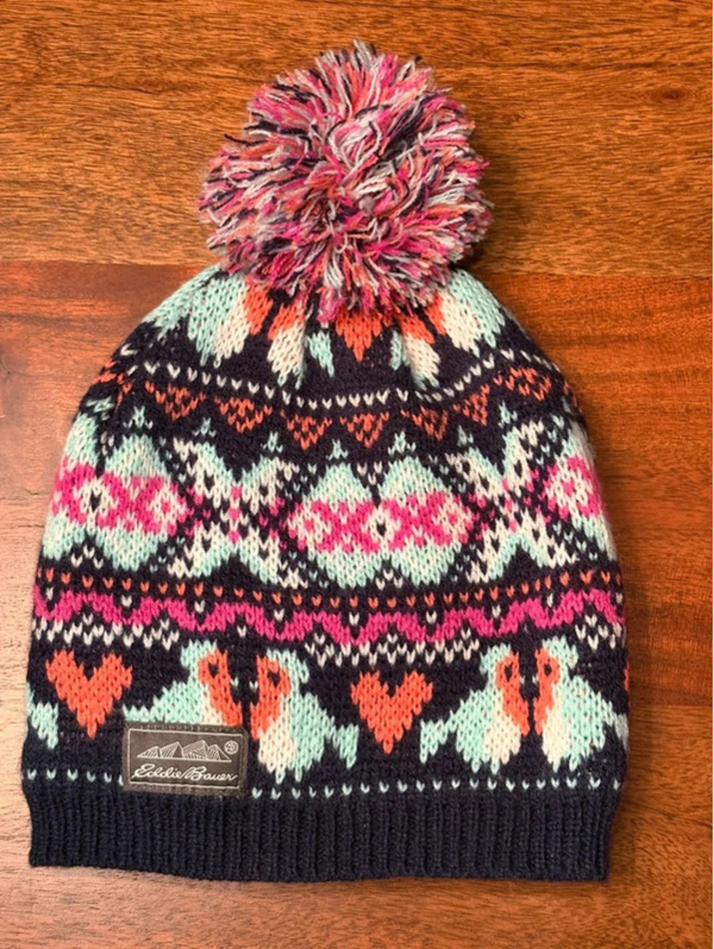 Eddie Bauer Kids Fair Isle/Nordic knit pom-pom beanie, size Small.